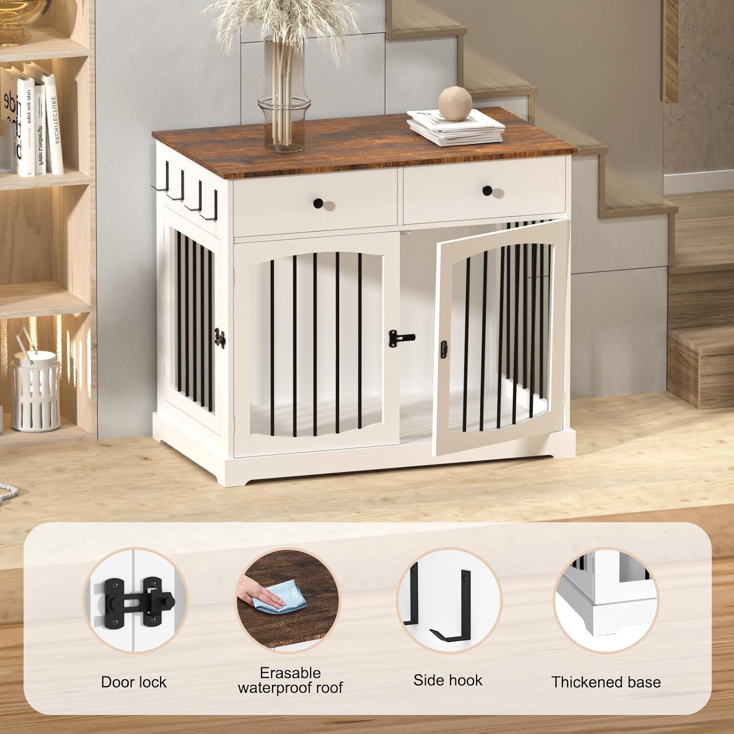 BREEZEHEAT Dog Crate Furniture with Drawers-Farmhouse Dog Kennel, White, 40 inch