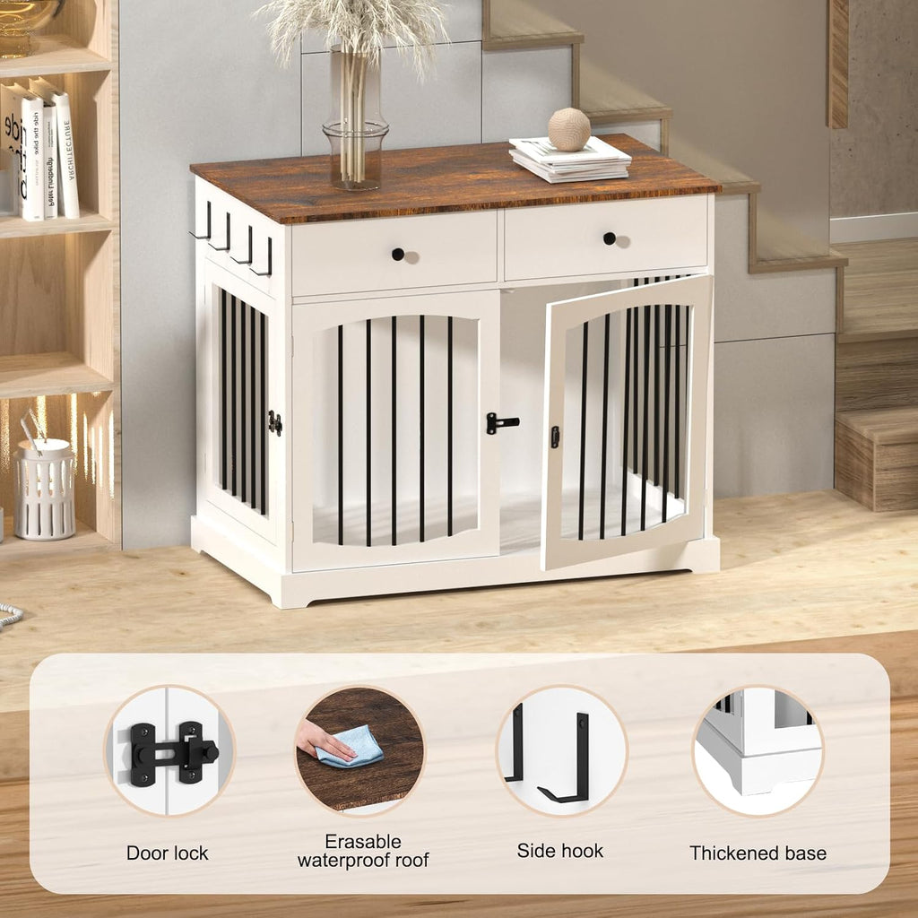 Dog Furniture Crate -40 inch Dog Kennel with Drawers-End Table Wooden Pet Crate, Double Door Design, Decorative Dog House Indoor for Small Medium Large Dog, White