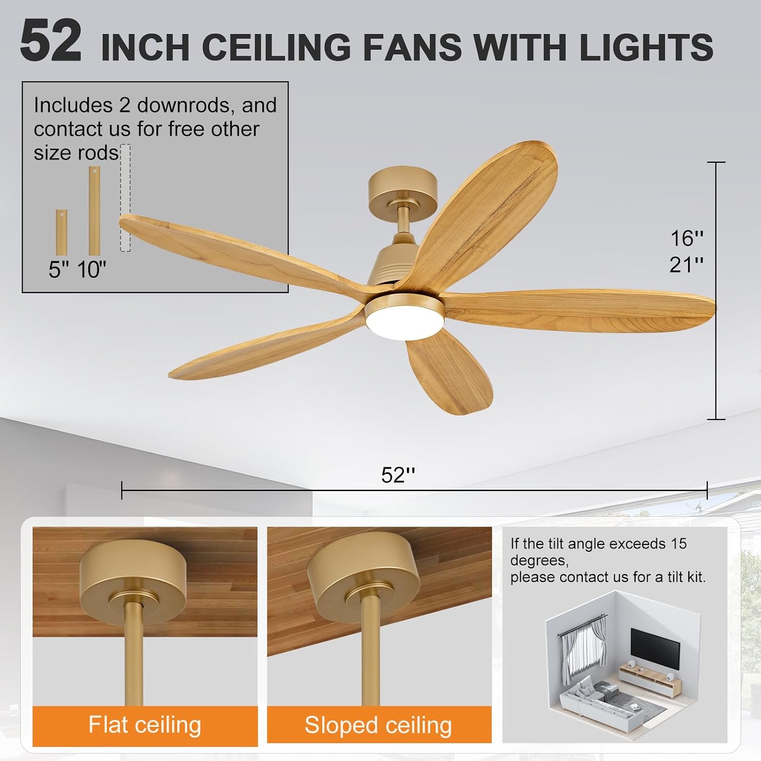 52 Inch Wood Ceiling Fans with Lights and Remote, Modern Outdoor Ceiling Fan with Light for Patio, Wall Switch, Dimmable, 5 Blades, Reversible DC Motor, Memory Function (Gold)