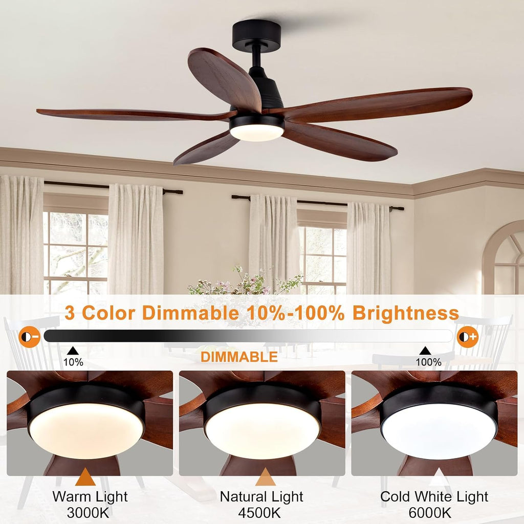 48 Inch Wood Ceiling Fans with Lights and Remote, Modern Outdoor Ceiling Fan with Light for Patio, Dimmable, 5 Blades, Wall Switch, Reversible DC Motor, Memory Function (Black Walnut)