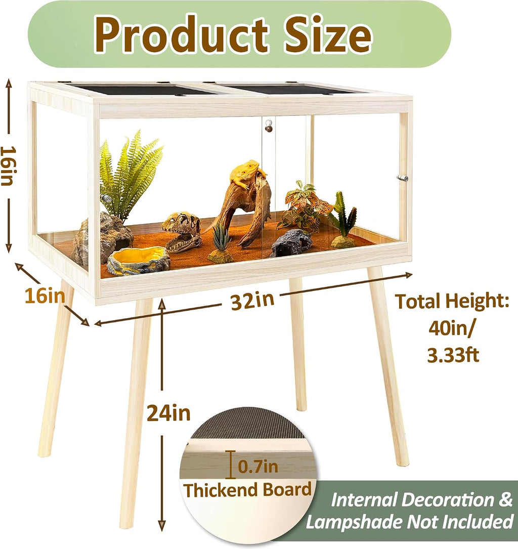 PROLEE Reptile Enclosure with Leg, 35 Gallons Bearded Dragon Tank, Tempered Glass Lizard Tank with Metal Mesh Tops and Lockable Door, Spacious Reptile Habitat for Snake,Lizard (Oak)