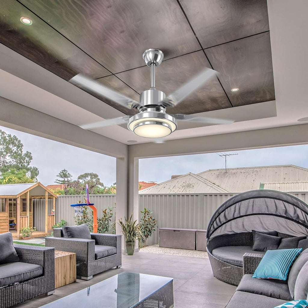 Reversible Ceiling Fan, Remote Control Patio Fandelier with Stainless Steel Blades, 48 Inch Brushed Nickel Ceiling Fan with LED Light for Pavilion, Warehouse Chandelier (48 inch)