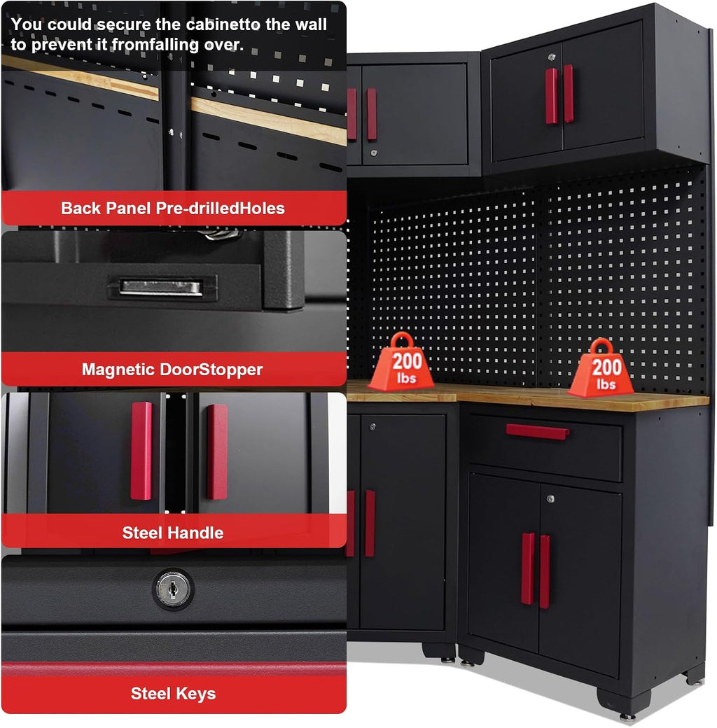 Corner Workshop Set,10Pcs Garage Cabinets and Storage System with Corner Cabinet, Cabinet Drawers, Workbench, Pegboard for Tool Organization, Red Handle