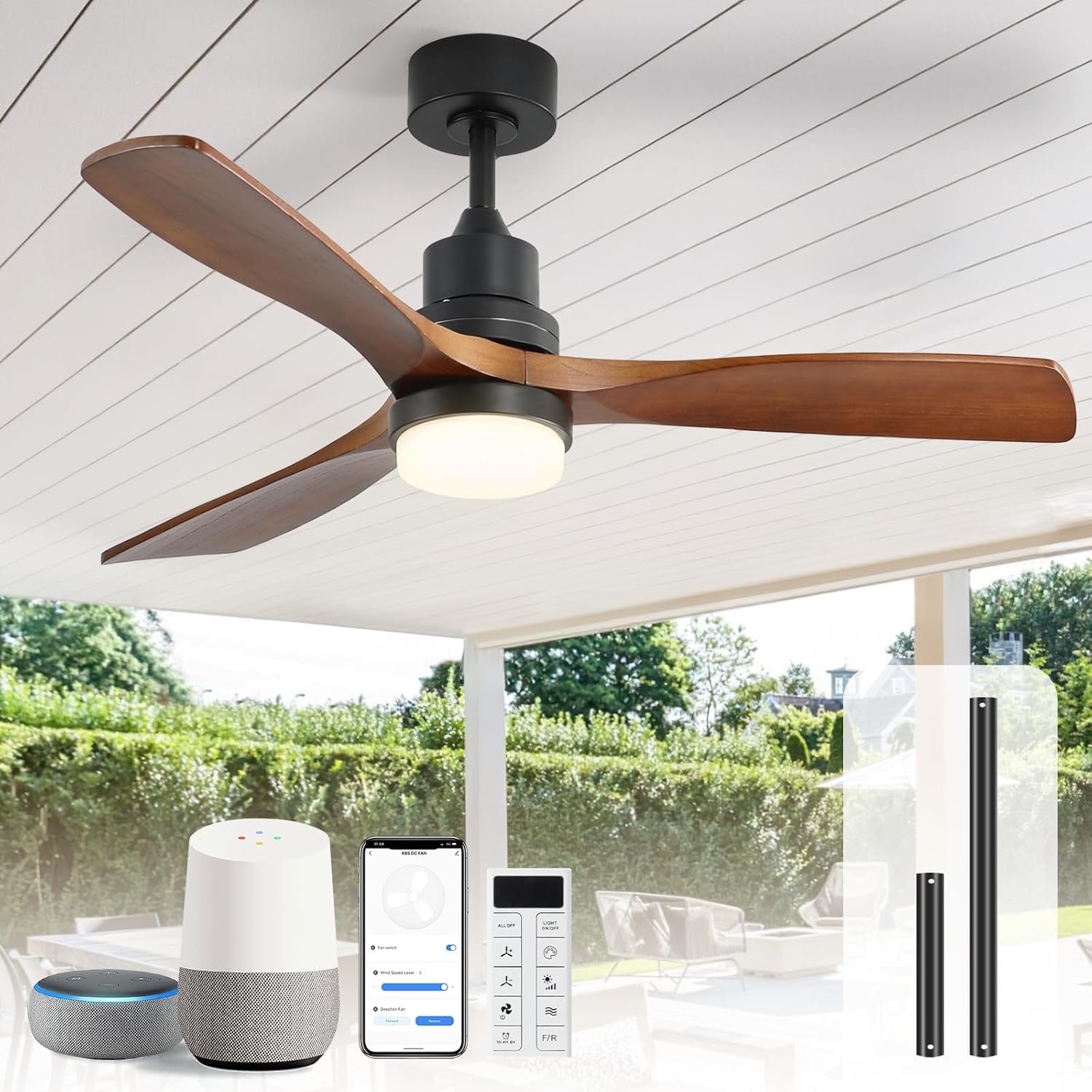 Sofucor 52 Inch Smart Ceiling Fans with Lights and Alexa/Google Assistant/APP/Remote Control-Modern Solid Wood Outdoor Walnut 3 Blades Ceiling Fan for Bedroom Living Room Farmhouse Patio, Brown Black