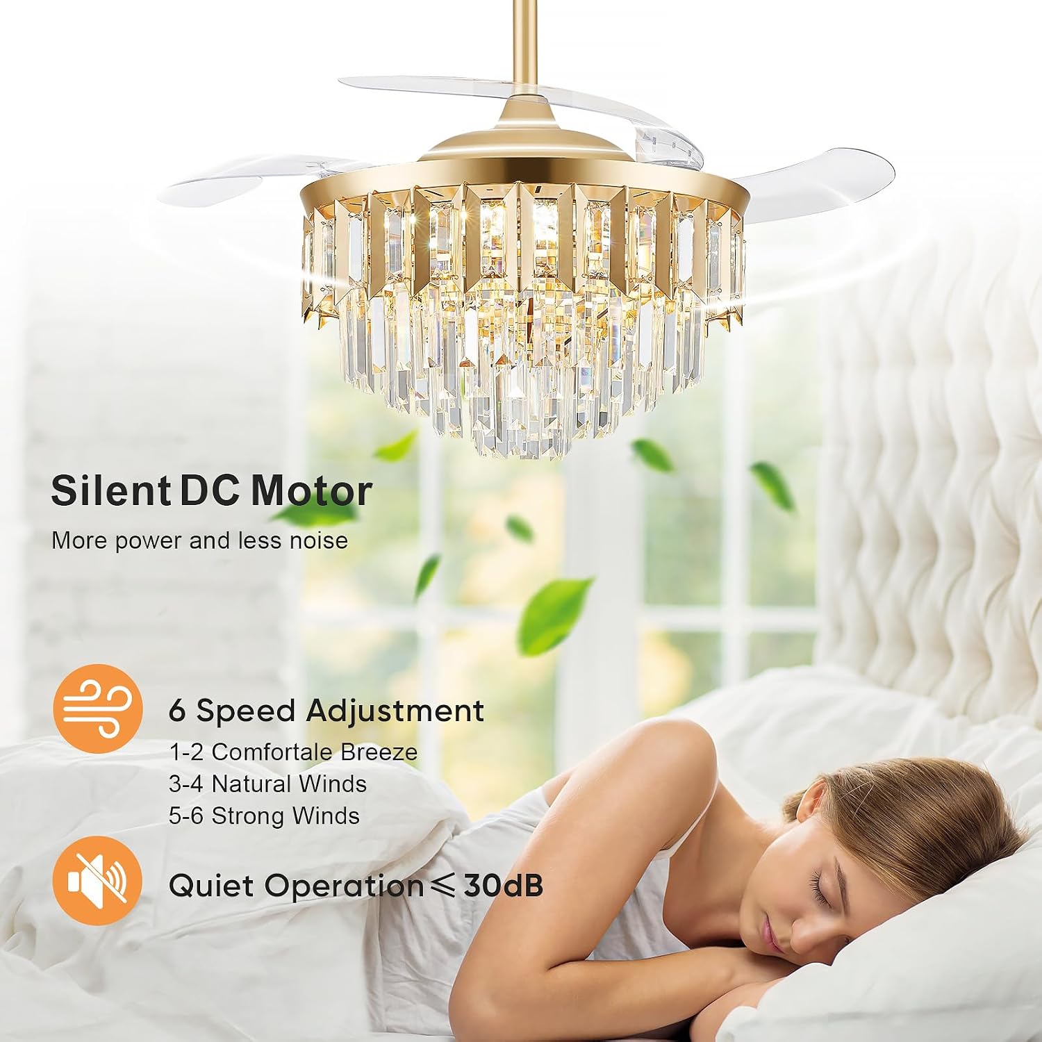 TXCSLY 48' Fandelier Ceiling Fan with Light, Crystal Chandelier Fan with Retractable Blades Dimmable Crystal Ceiling Fan Chandelier for Bedroom Living Room Dining Room-Gold