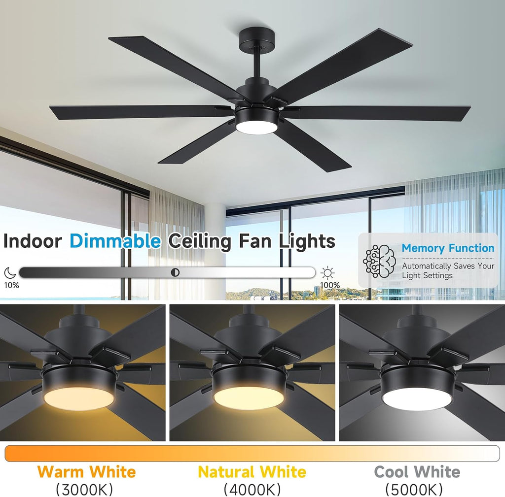 66 Inch Large Outdoor Ceiling Fans for Patios with Lights, Modern Black Ceiling Fan with Light and Remote, 6 Blades Reversible DC Motor Ceiling Fan for Indoor Living Room Porch Gazebo Commercial