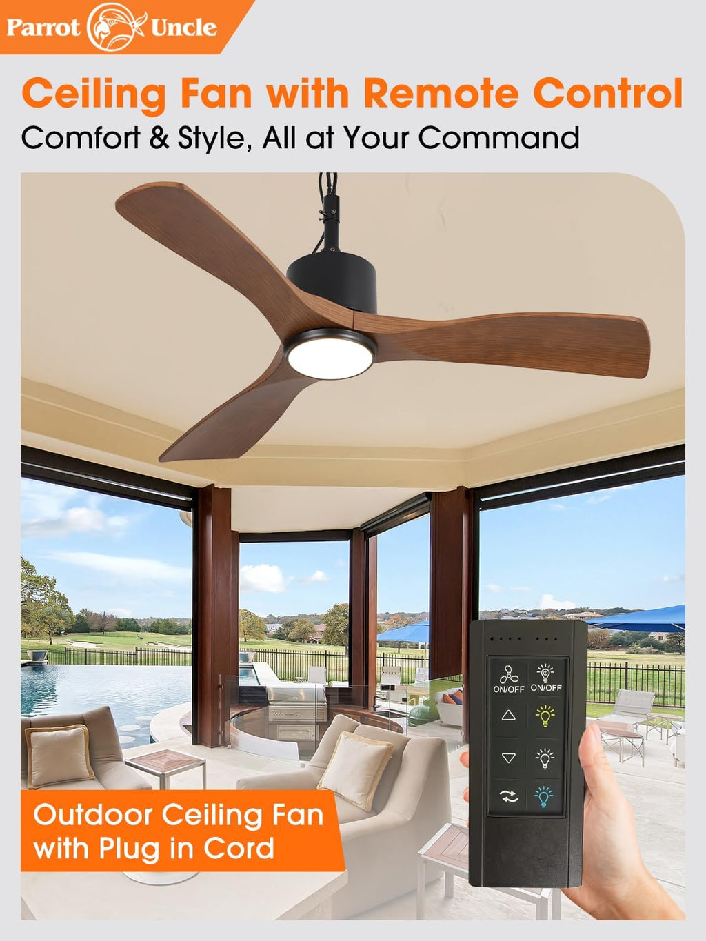 Parrot Uncle 42 Inch Outdoor Ceiling Fan with Light, IP65 Ceiling Fans with Lights and Remote, 3CCT 6-Speed Quite DC Motor, Wet Rated Plug in Ceiling Fan for Patios Porch Pergola (Walnut & Black)