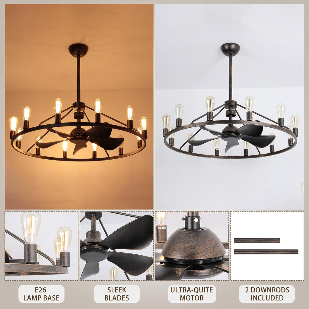 Miuyhji Farmhouse Ceiling Fan with Lights and Remote,Bronze Fandelier,Wagon Wheel Chandelier with Fan,44 Inch Rustic Fans for 20x25' Large Room