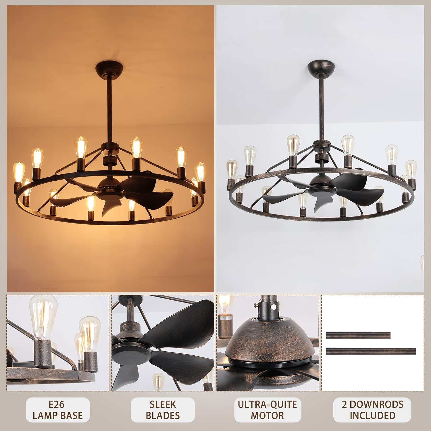 Miuyhji Farmhouse Ceiling Fan with Lights and Remote,Bronze Fandelier,Wagon Wheel Chandelier with Fan,44 Inch Rustic Fans for 20x25' Large Room
