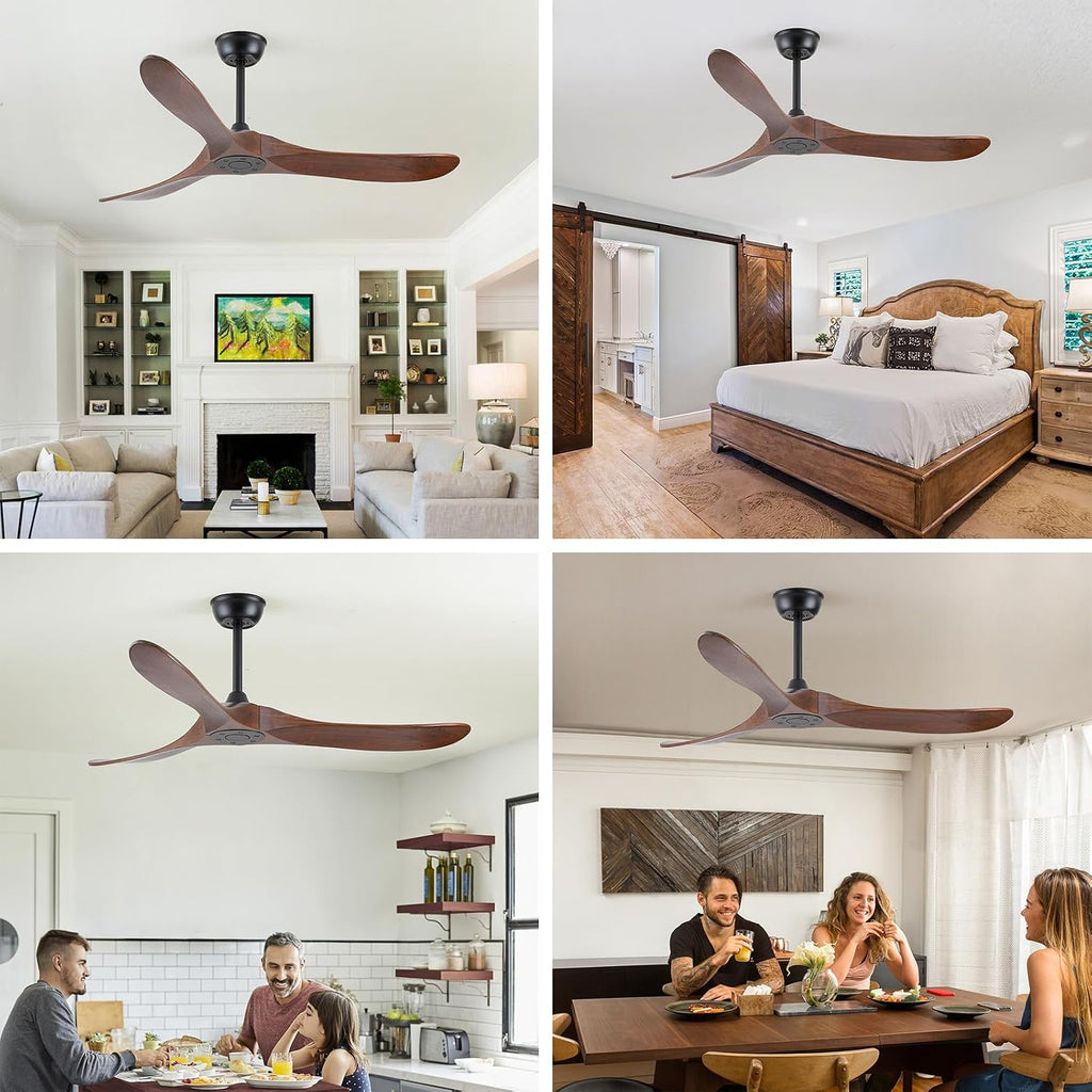 Walnut Wood 52' Ceiling Fan, No Light, 6-Speed, Reversible 3 Blades, Timed Shutdown, Silent DC Motor, for Bedroom, Porch and Living Room