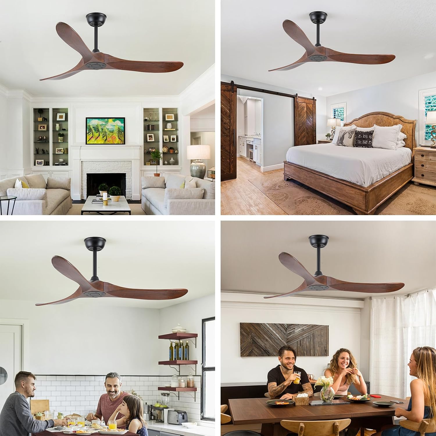 Walnut Wood 52' Ceiling Fan, No Light, 6-Speed, Reversible 3 Blades, Timed Shutdown, Silent DC Motor, for Bedroom, Porch and Living Room