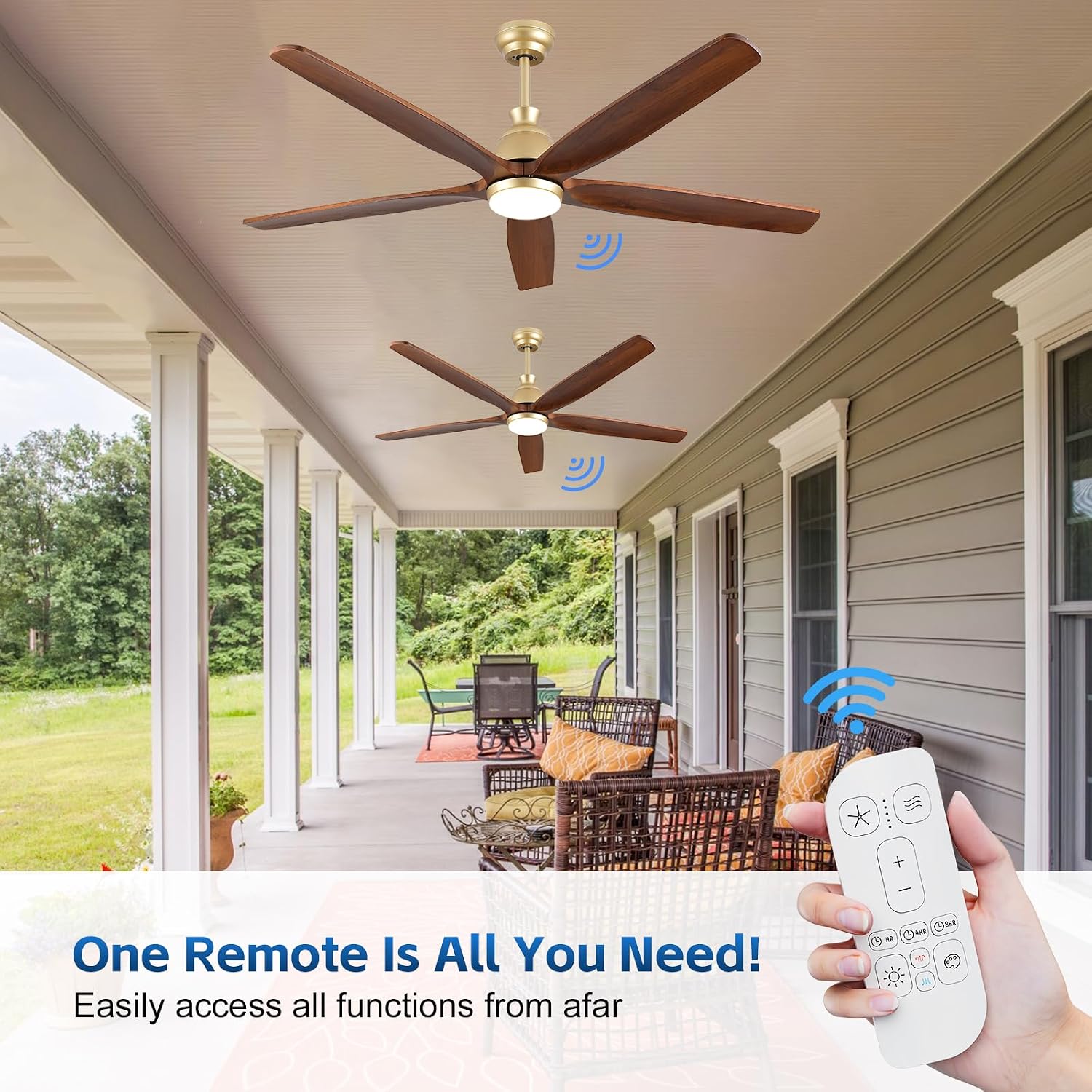 52 Inch Wood Gold Ceiling Fan with Light Remote, 5 Walnut Blades, Indoor Outdoor High CFM Propeller Damp Rated, Quiet Reversible DC Motor, for Modern Farmhouse Outside Patios Porch, 3 Downrods