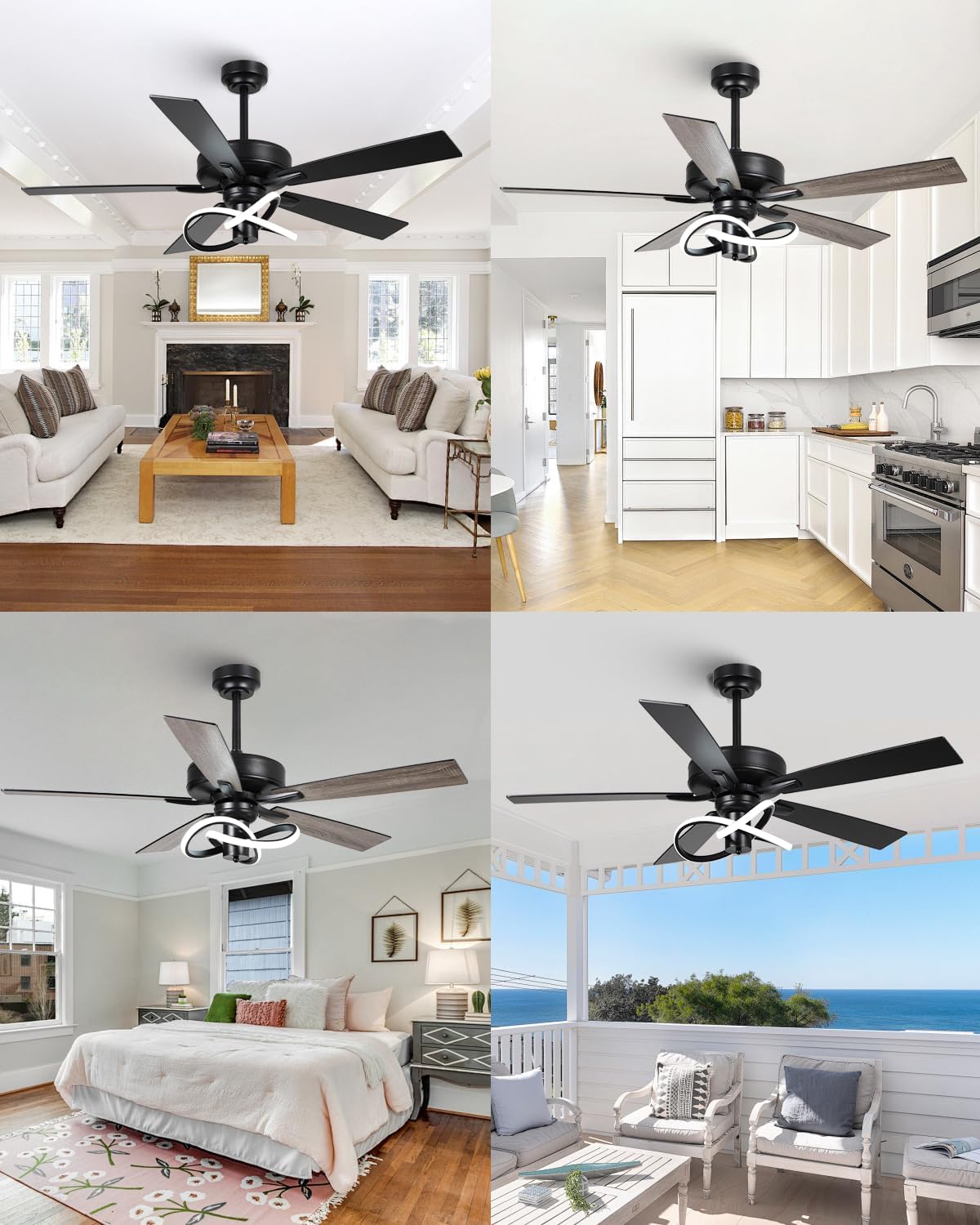 52 Inch Ceiling Fans with Lights and Remote - Creative Black Modern Ceiling Fan, 3CCT, 6 Speeds, Quiet, Dual-Sided Reversible 5 Blades Indoor Outdoor Chandelier Fan for Bedroom Living Room