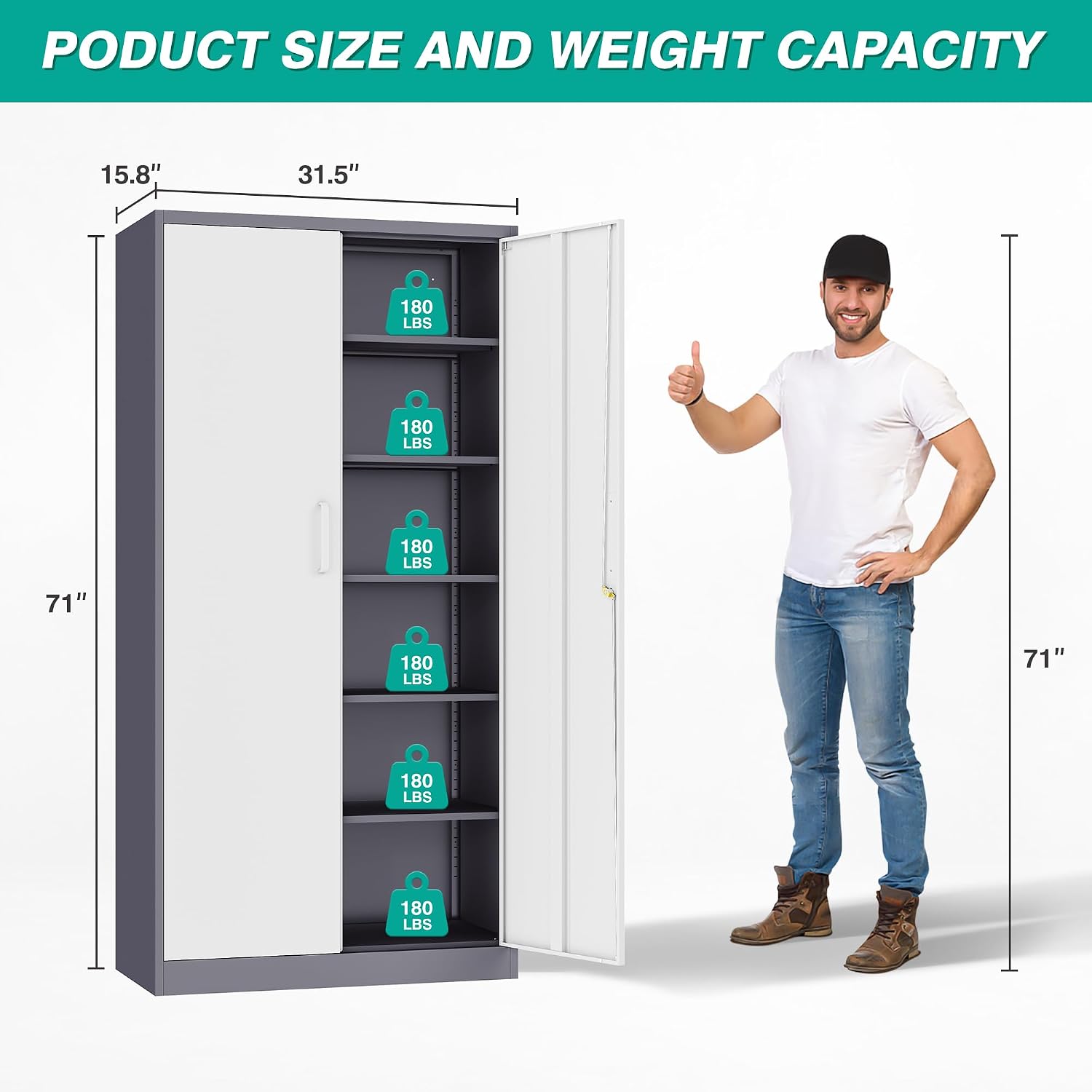 Metal Storage Cabinet with 2 Doors and 6 Shelves,Gray White Metal Cabinet with Lock,71' Lockable Garage Storage Cabinets,Locking File Cabinet,Steel Tool Cabinets for Home,Office,Garage,Shop,School