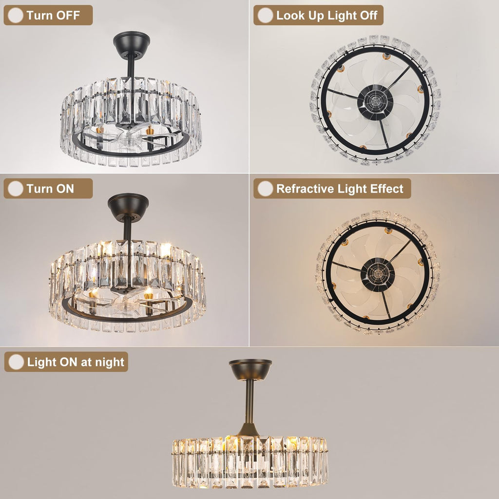 CLAIRDAI 20.7' Crystal Caged Ceiling Fan Black Fandelier Ceiling Fan with Lights and 6 Speed Retractable Ceiling Fans for Bedroom Living Room (6*E12, Bulbs not Included)