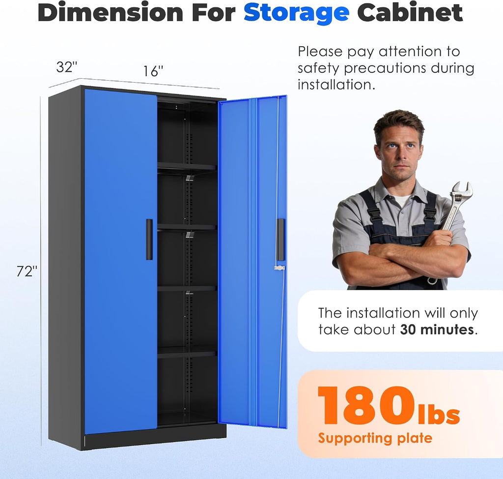 INTERGREAT Storage Cabinet with Doors and Shelves, Metal Garage Storage Cabinets with Lock, Black Lockable Steel Supply Cabinet for Home Office, Warehouse (Black Blue)