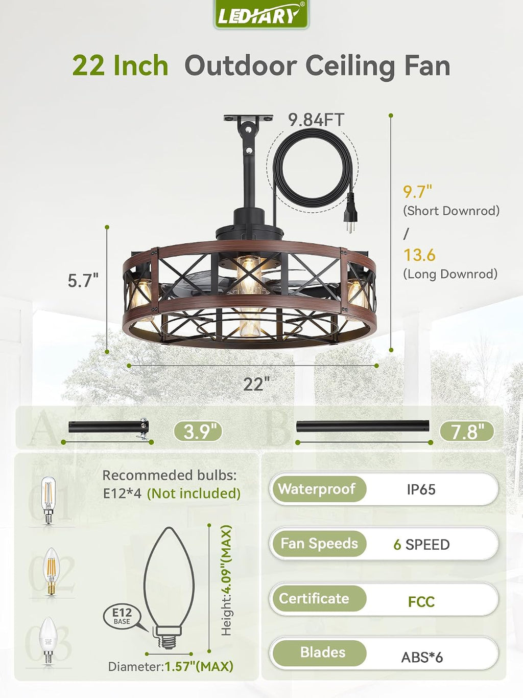 LEDIARY Outdoor Ceiling Fan with Lights for Patios- 22' Waterproof Plug in Gazebo Fan with Remote Control&Timer, 6-Speed Reversible Motor, Hanging Caged Ceiling Fan for Porch, Pergola, Walnut