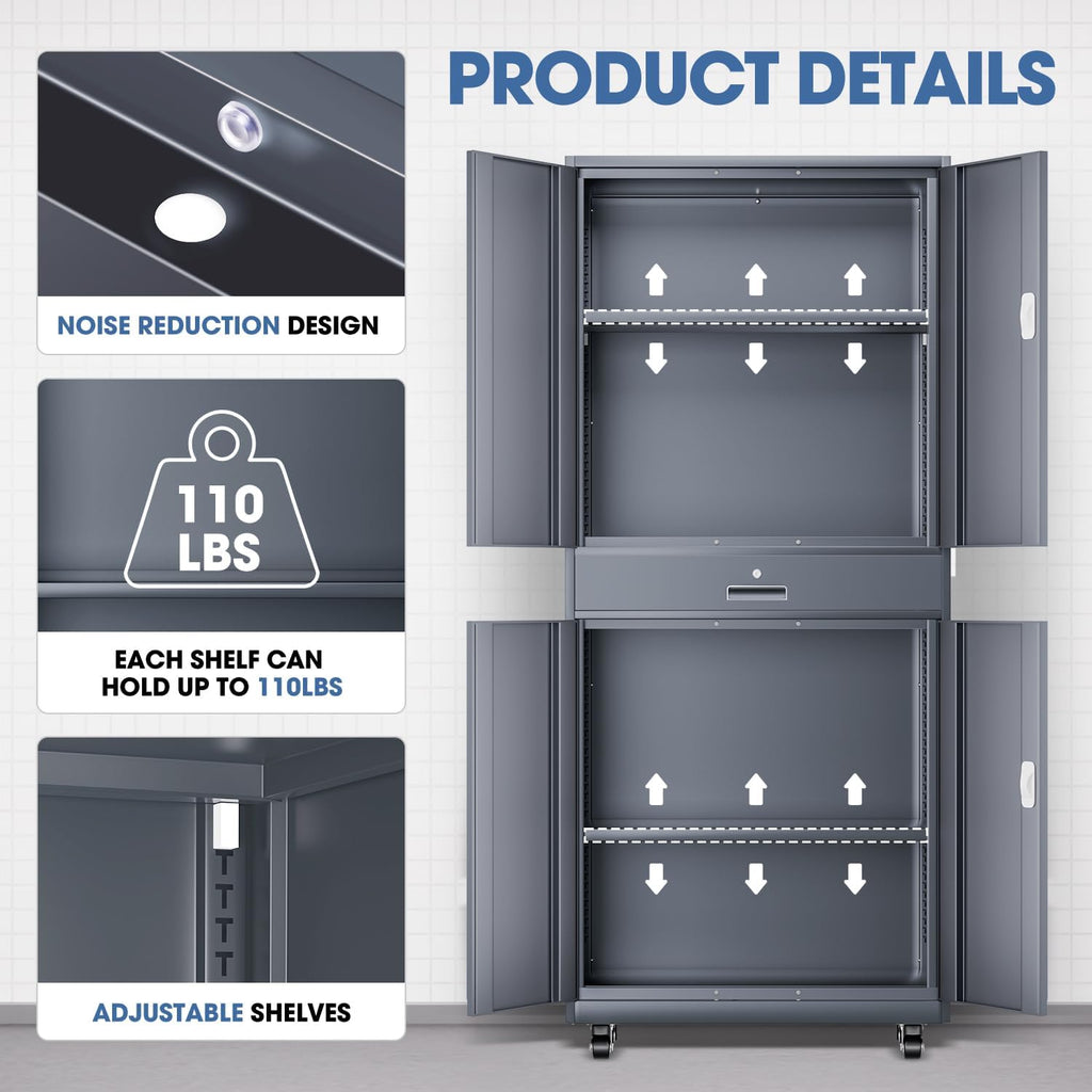 DNA Motoring 73'' Metal Storage Cabinet, Rolling Garage Cabinet with 1 Drawer and Adjustable Shelves, Lockable Heavy Duty Metal Locker for Garage,Office,Home,Gym, Gray, TOOLS-00630-GY-GY-A