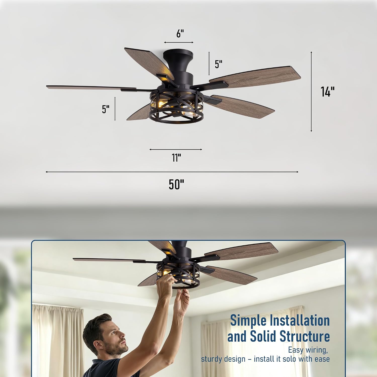 50 Inch Flush Mount Black Caged Ceiling Fan with Lights, Low Profile Farmhouse Ceiling Fan for Bedroom Living Room and Patio, Ceiling Fans and Remote Control for Indoor and Outdoor