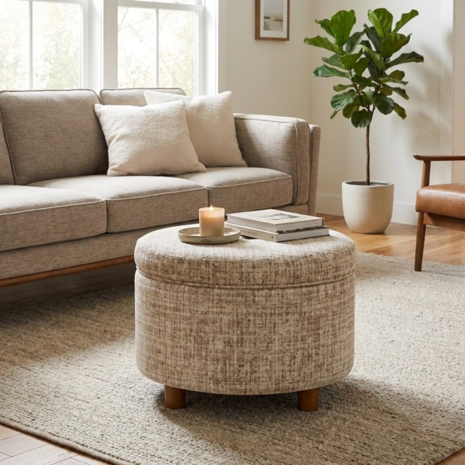 HomePop 24' Large Round Storage Ottoman - Cream Textural Woven