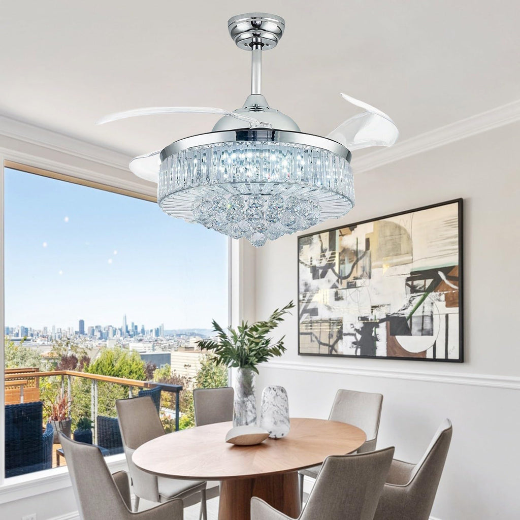 42'' Fandelier Ceiling Fans with Light, Chandelier Ceiling Fan, Retractable Ceiling Fan for Bedroom, Living Room, 3 Color Change, LED Dimmable, 6 Speeds, Reversible DC Motor- Chrome