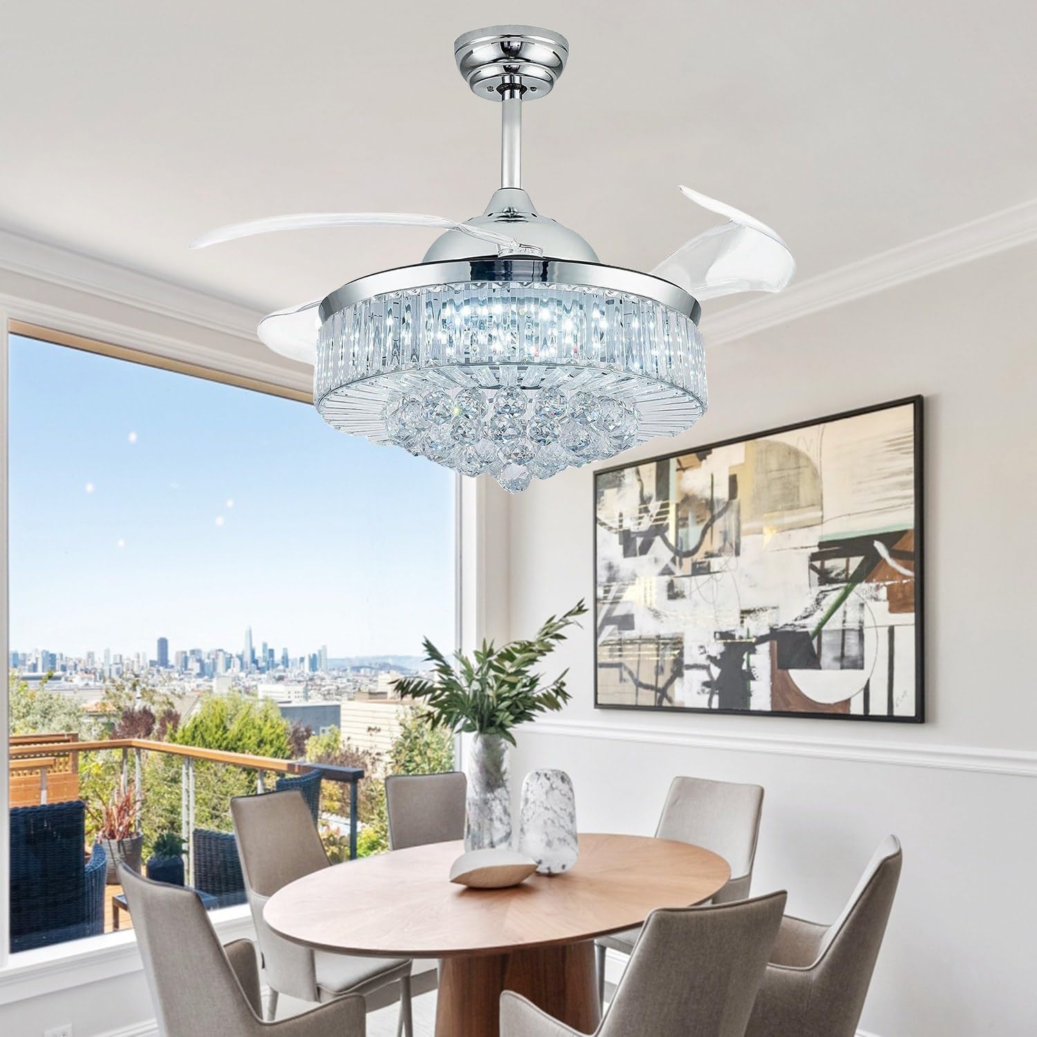 42'' Fandelier Ceiling Fans with Light, Chandelier Ceiling Fan, Retractable Ceiling Fan for Bedroom, Living Room, 3 Color Change, LED Dimmable, 6 Speeds, Reversible DC Motor- Chrome