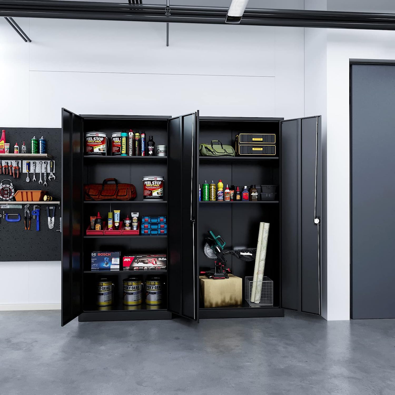 PEUKC Metal Garage Storage Cabinet, 71' Tool Cabinet with 4 Adjustable Shelves, Metal File Cabinets with Lockable Doors for Garage, Home Office, Gym, School, Utility Room (Black, Assemble Required)
