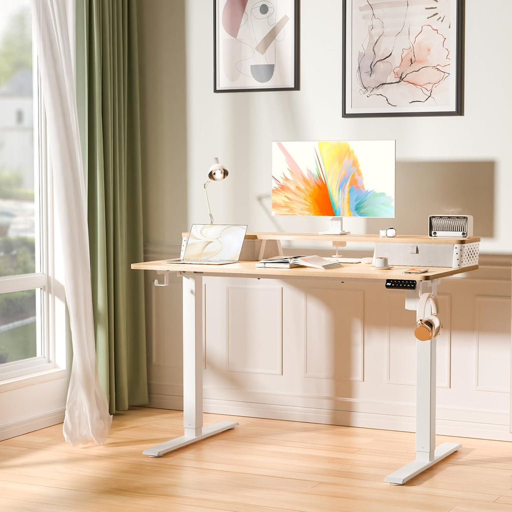 Electric Standing Desk with Two Drawers,48 x 24 Inch Sit Stand Desk Adjustable Height, Stand Up Desk with Storage Shelf, Computer Workstation for Home Office, Oak