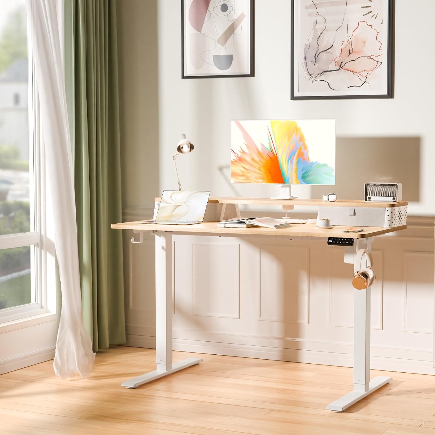 Electric Standing Desk with Two Drawers,48 x 24 Inch Sit Stand Desk Adjustable Height, Stand Up Desk with Storage Shelf, Computer Workstation for Home Office, Oak