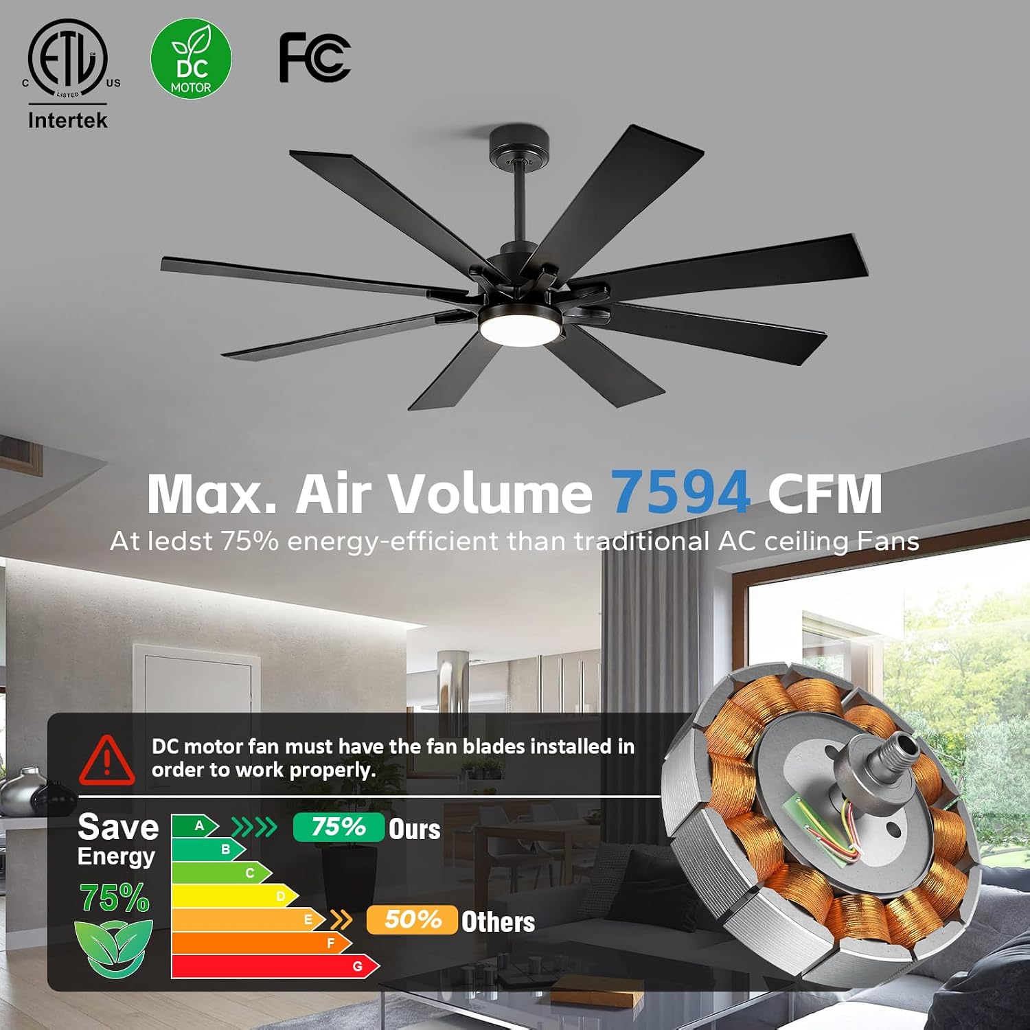62 Inch Smart Ceiling Fan with Light, Modern Black Industrial Home Lighting & Ceiling fans with App/Voice/Remote Control, Damp-rated Large Airflow DC Outdoor Ceiling Fans for Patios Porch Outside