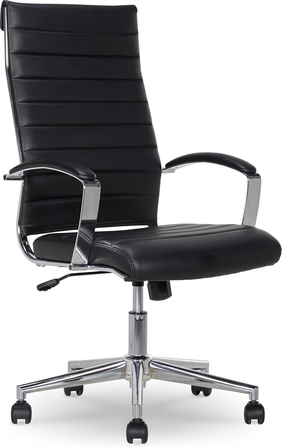 Amazon Basics High-Back Swivel Office Chair with Lumbar Support, Ergonomic Ribbed Faux Leather, Adjustable Height, 45.25' x 24.75' x 23.25', Black