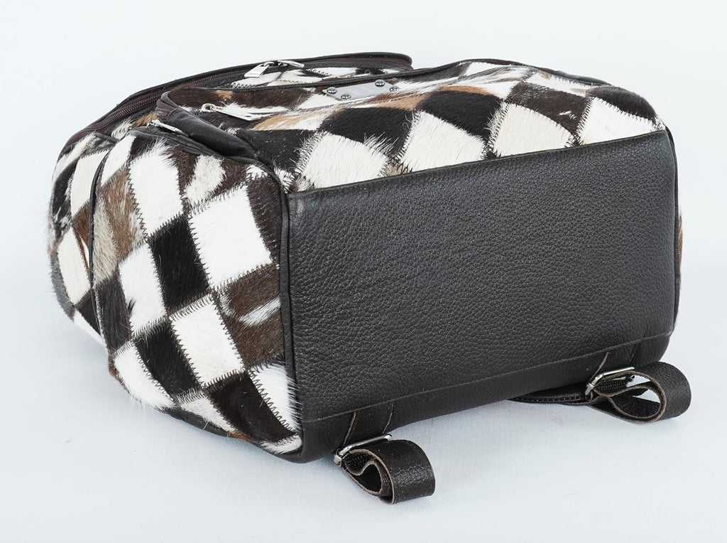 Western Brown Patchwork Cowhide Leather Backpack - Everyday Travel Backpack - Genuine Leather Cow Print Checkered Diaper Bag