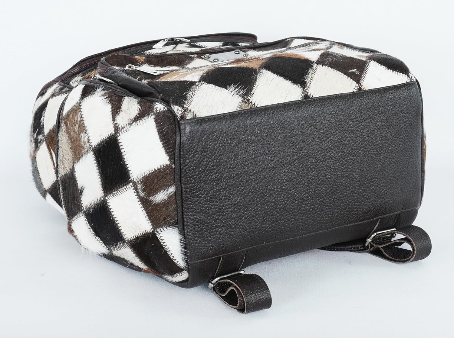 Western Brown Patchwork Cowhide Leather Backpack - Everyday Travel Backpack - Genuine Leather Cow Print Checkered Diaper Bag