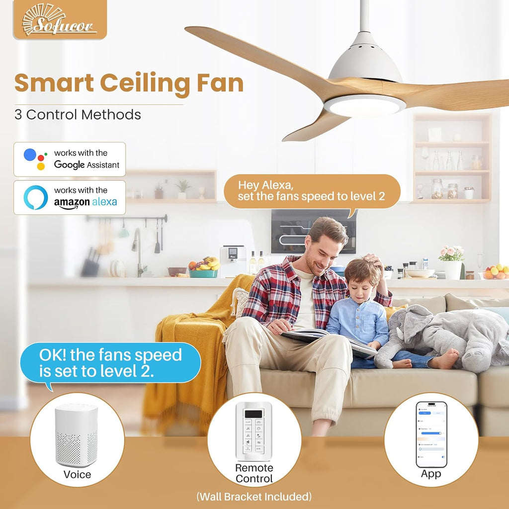 Sofucor 52 Inch Smart Ceiling Fan with Light, Modern Ceiling Fan with 3 Plastic Blade, Quiet, Dimmable, Compatible with Alexa/Google/App, 6 Speeds 7000CFM, Timer Quiet Reversible DC Motor, Log-color
