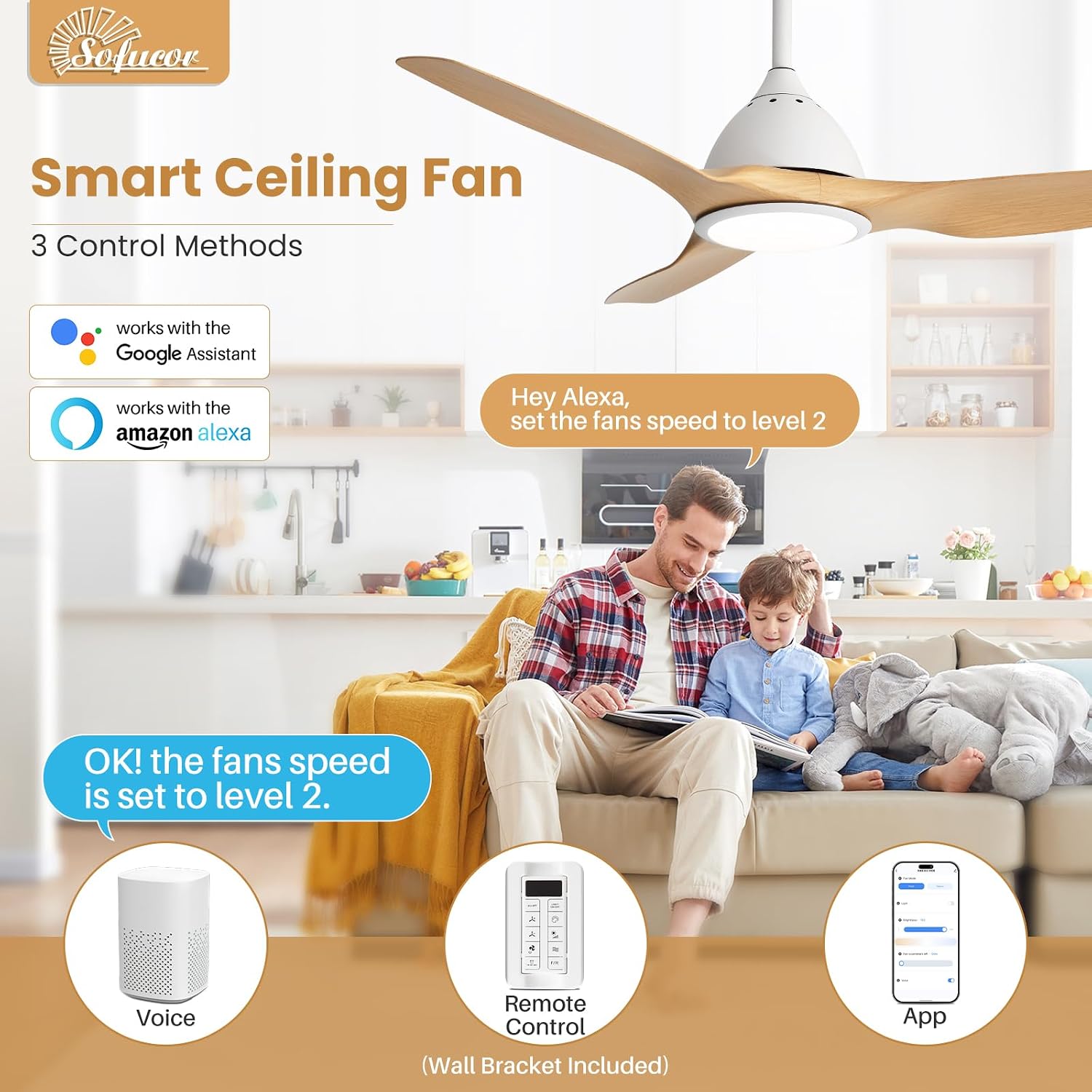 Sofucor 52 Inch Smart Ceiling Fan with Light, Modern Ceiling Fan with 3 Plastic Blade, Quiet, Dimmable, Compatible with Alexa/Google/App, 6 Speeds 7000CFM, Timer Quiet Reversible DC Motor, Log-color
