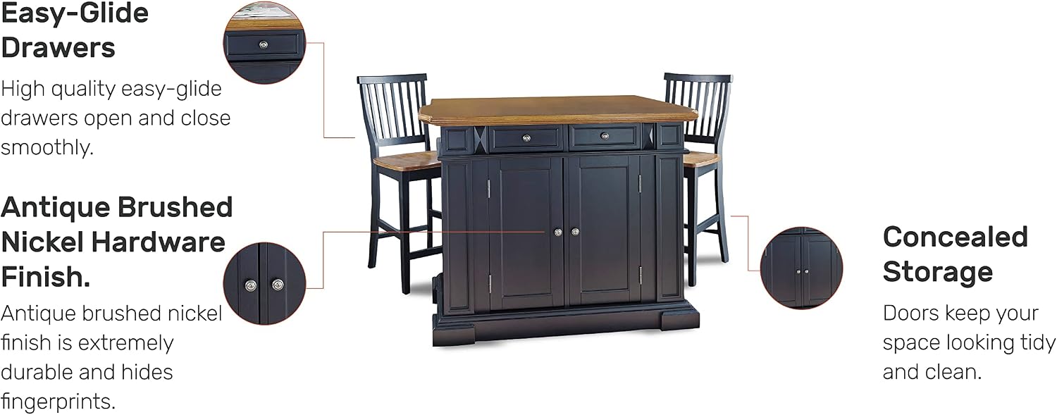 Home Styles Large Kitchen Island Set with Two Matching Stationary Slat back Stools with Antique Black finish and Distressed Oak Top, Extendable Breakfast Bar, Open Storage and Shelves and Drawers