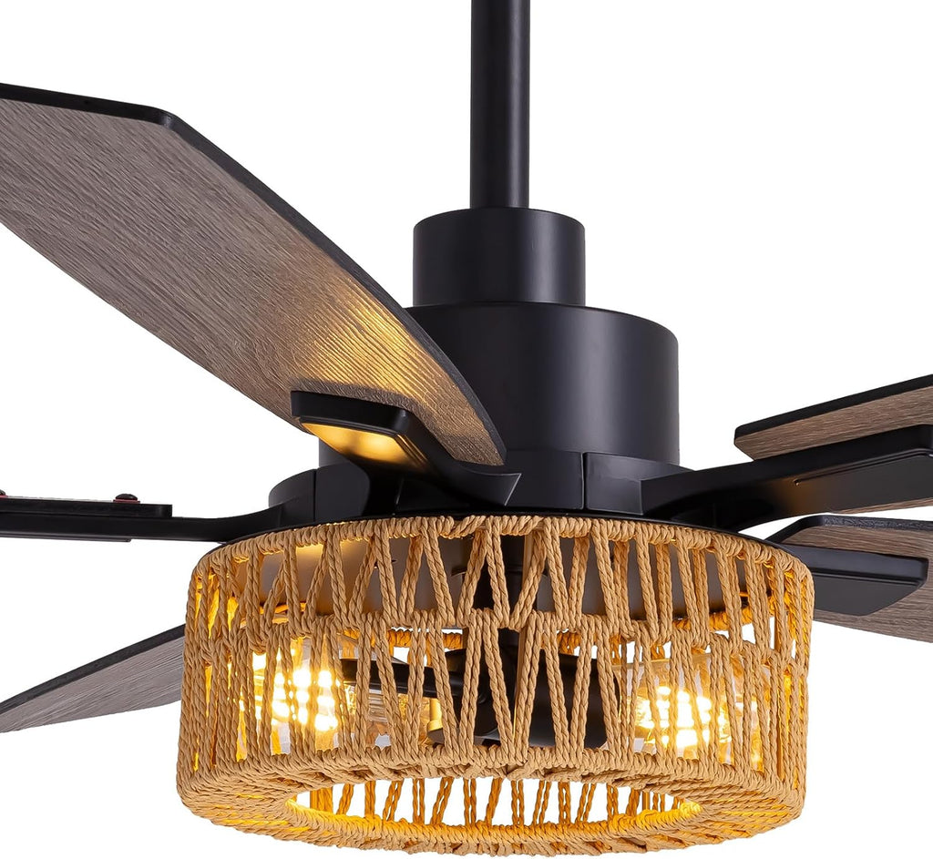 LuminFan 52 Inch Boho Black Rattan Ceiling Fans with Lights and Remote Control, Farmhouse Caged Rattan Ceiling Fan for Dining Room, Bedroom, Living Room and Patio, Indoor/Outdoor