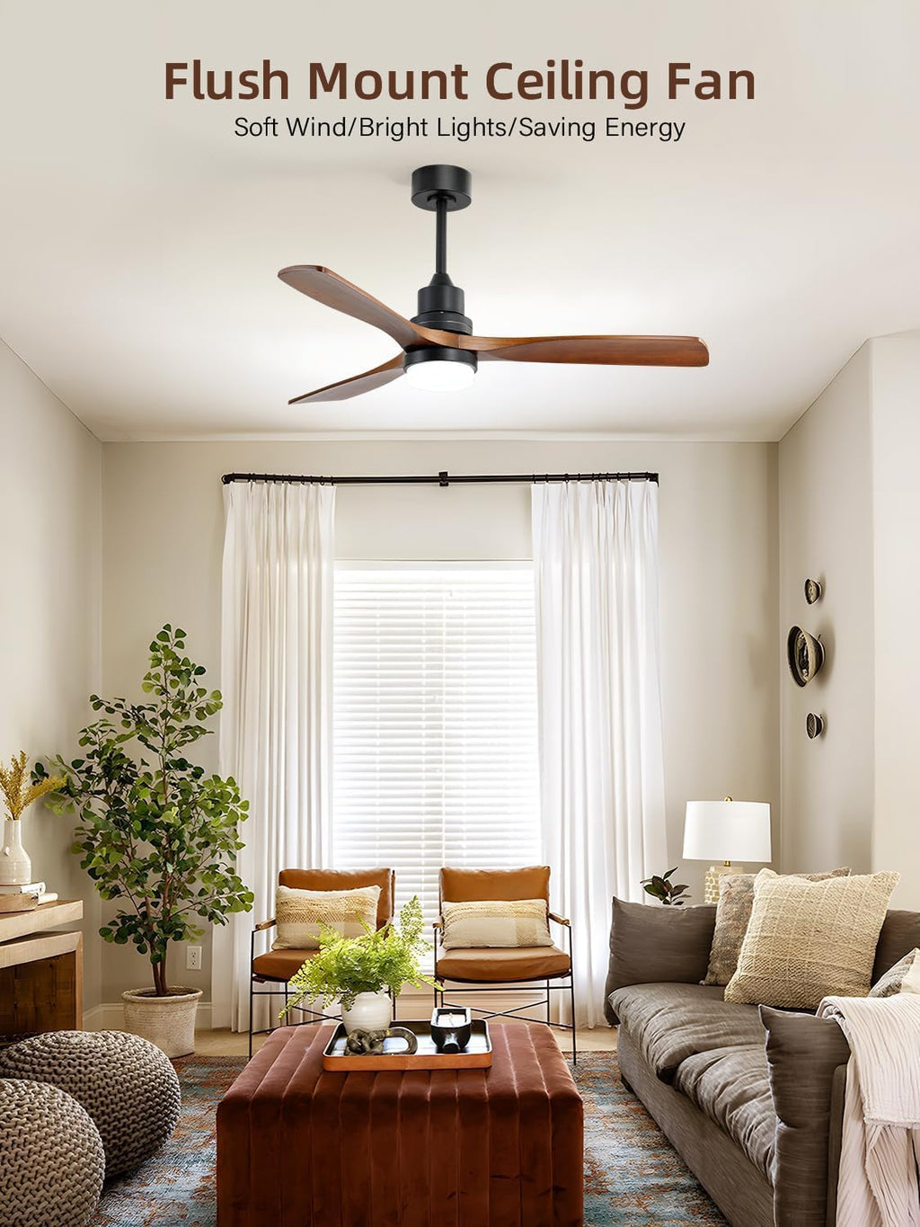 Sofucor 52 Inch Ceiling Fans with Lights and Remote Control, Modern Solid Wood Outdoor Ceiling Fan with Light for Bedroom Living Room Indoor Farmhouse Patio, Quiet DC Motor