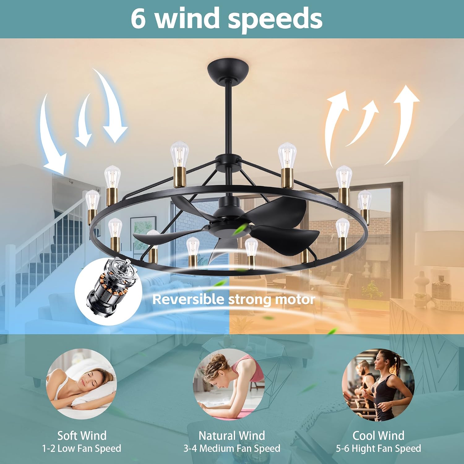 Miuyhji 44' Large Wagon Wheel Chandelier with Fan Smart Farmhouse Black Fan | 12 Lights, Remote/APP,6 Speed, Timing,Height Adjustable, Rustic Fandelier Light Fixture for Living Room Bedroom Dining Room