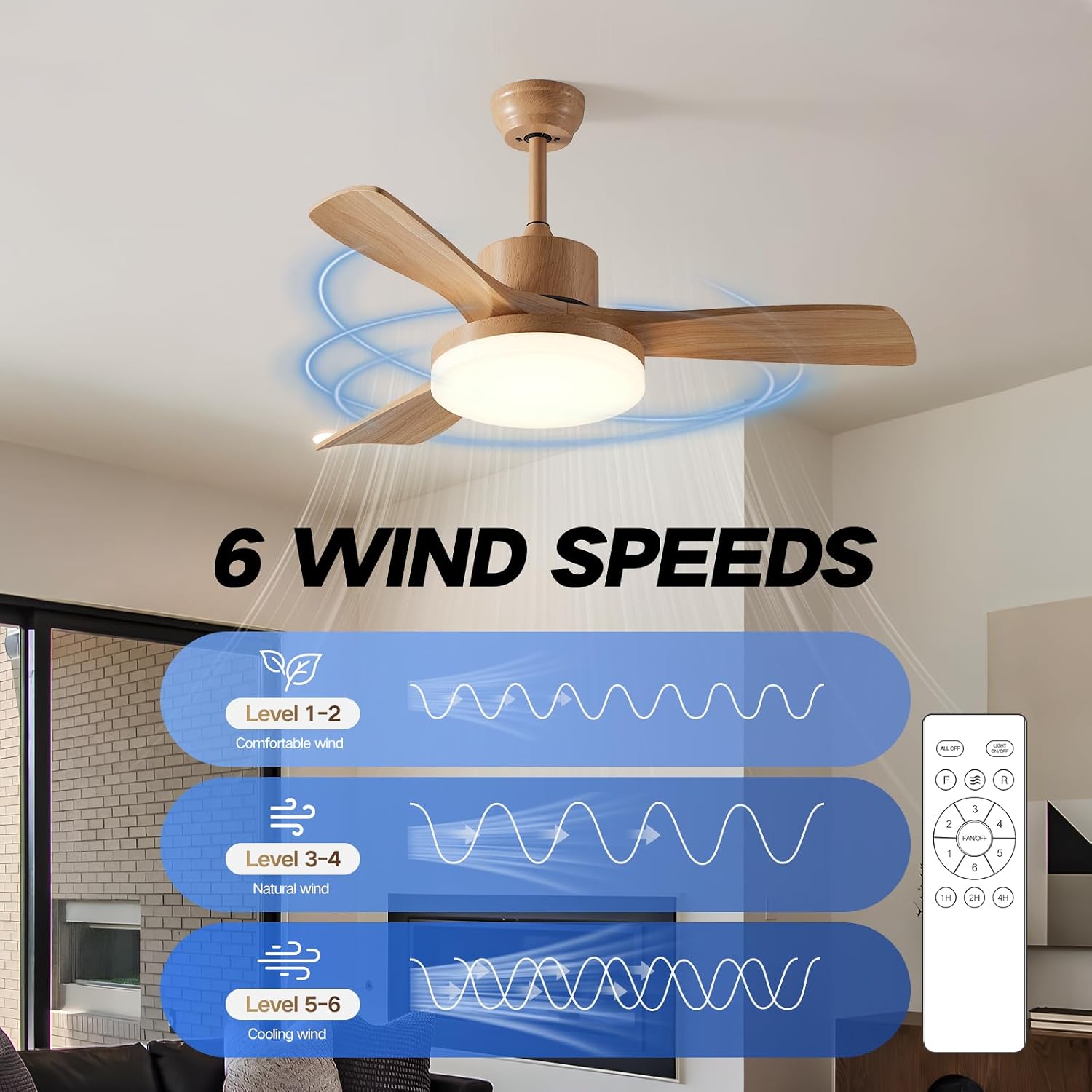42 Inch Ceiling Fans with Lights, 3 Blades Modern Ceiling Fan with Remote Control, Solid Wood Fan with Light for Patios, Outdoor, Living Room, Dining Room, Bedroom