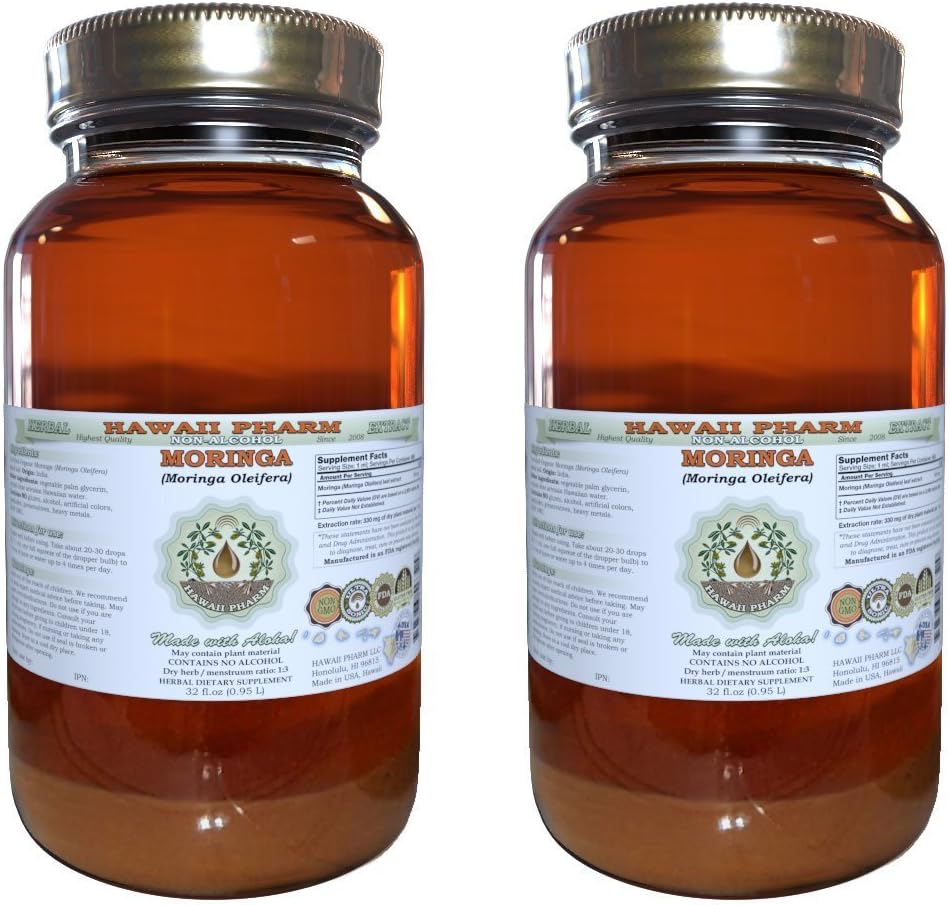 Hawaii Pharm Moringa Alcohol-Free Liquid Extract, Moringa (Moringa Oleifera) Leaf Glycerite Natural Herbal Supplement, USA 2x32 oz Unfiltered