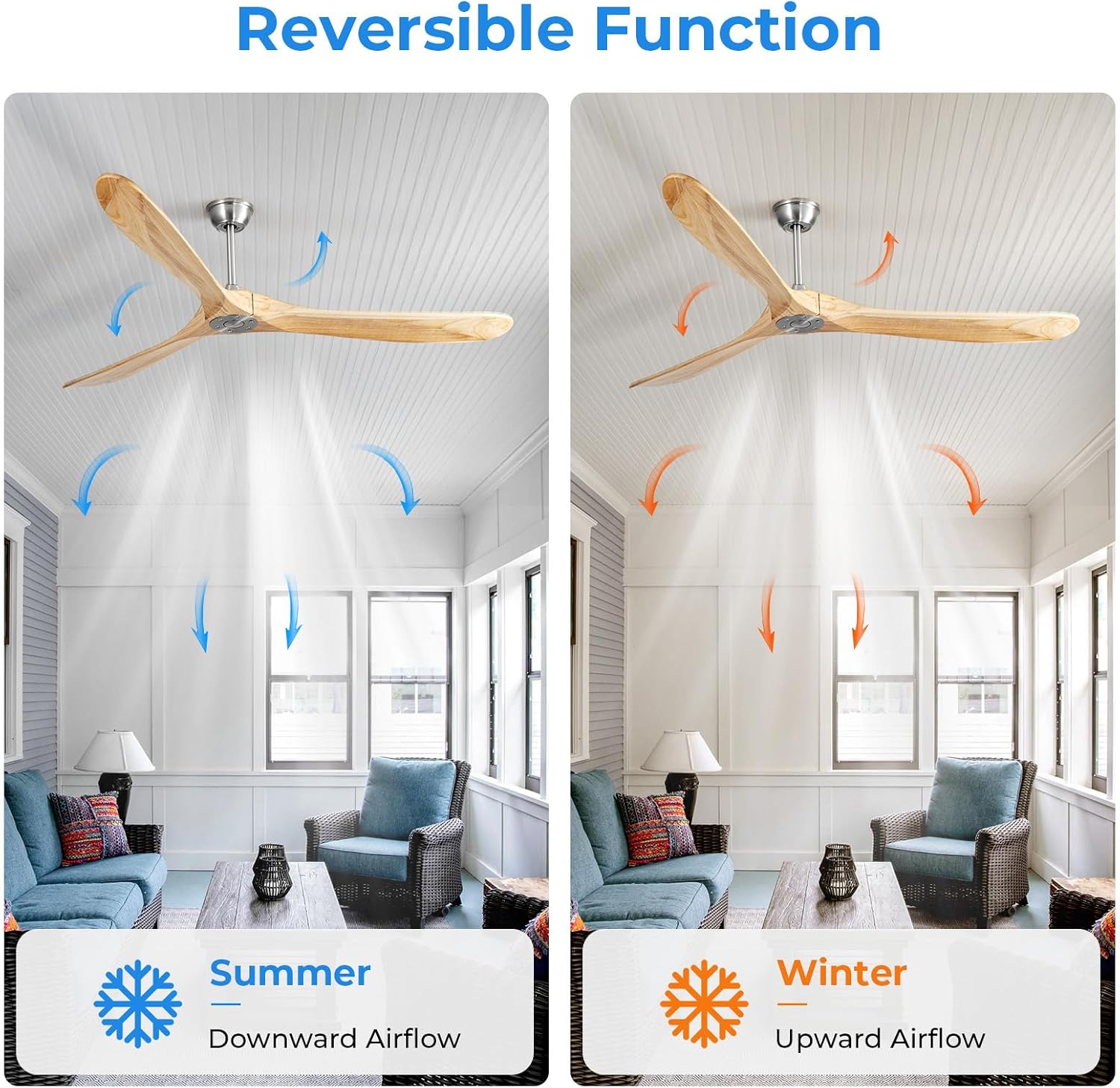 Ceiling Fan No Light, 72 Inch Natural Solid Wood Blades, 6 Speeds, Timer Function, Quiet Motor, Indoor Large Ceiling Fan for Living Room, Patio, Bedroom, Farmhouse Style