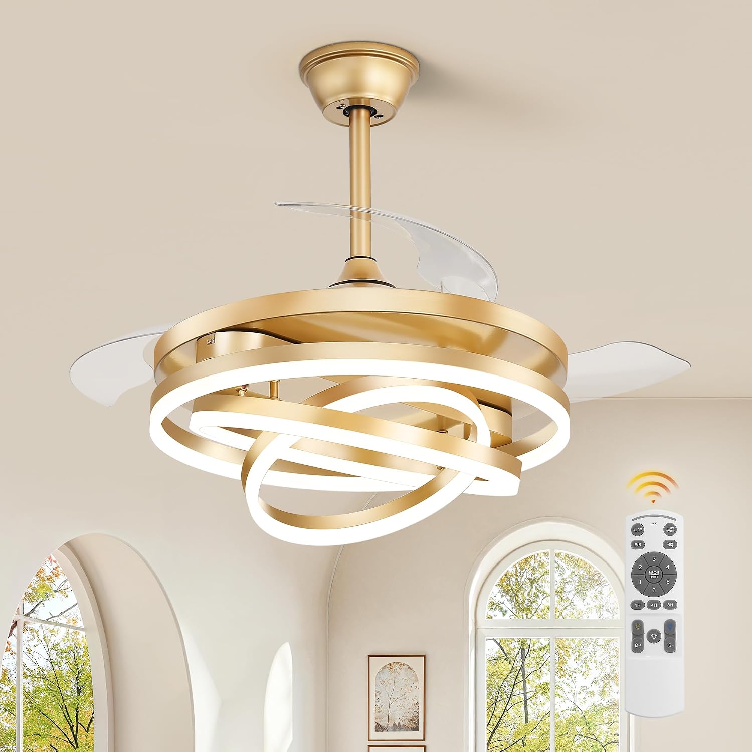 LEDIARY 42 Inch Retractable Ceiling Fan with Lights, Fandelier Ceiling Fan with 6 Speeds,3000K-6000K Adjustable,and DC Motor,Chandelier Ceiling Fans with Lights and Remote for Bedroom Living Room,Gold