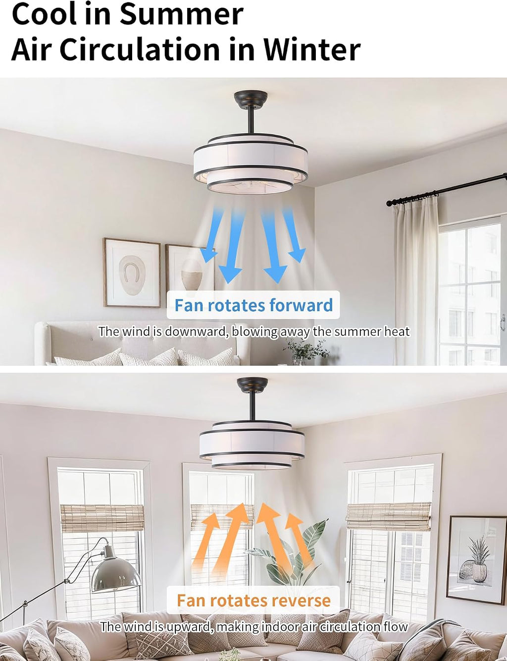20' Caged Ceiling Fans with Lights and Remote, Fandelier Ceiling Fan with Light, Modern Bladeless Quiet Reversible Motor 6 Speeds for Bedroom, Nursery, Living Room, Black