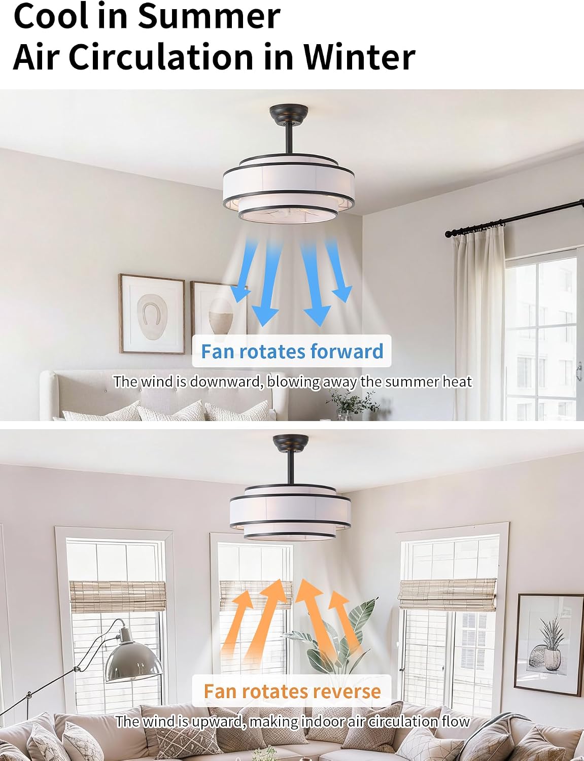 20' Caged Ceiling Fans with Lights and Remote, Fandelier Ceiling Fan with Light, Modern Bladeless Quiet Reversible Motor 6 Speeds for Bedroom, Nursery, Living Room, Black