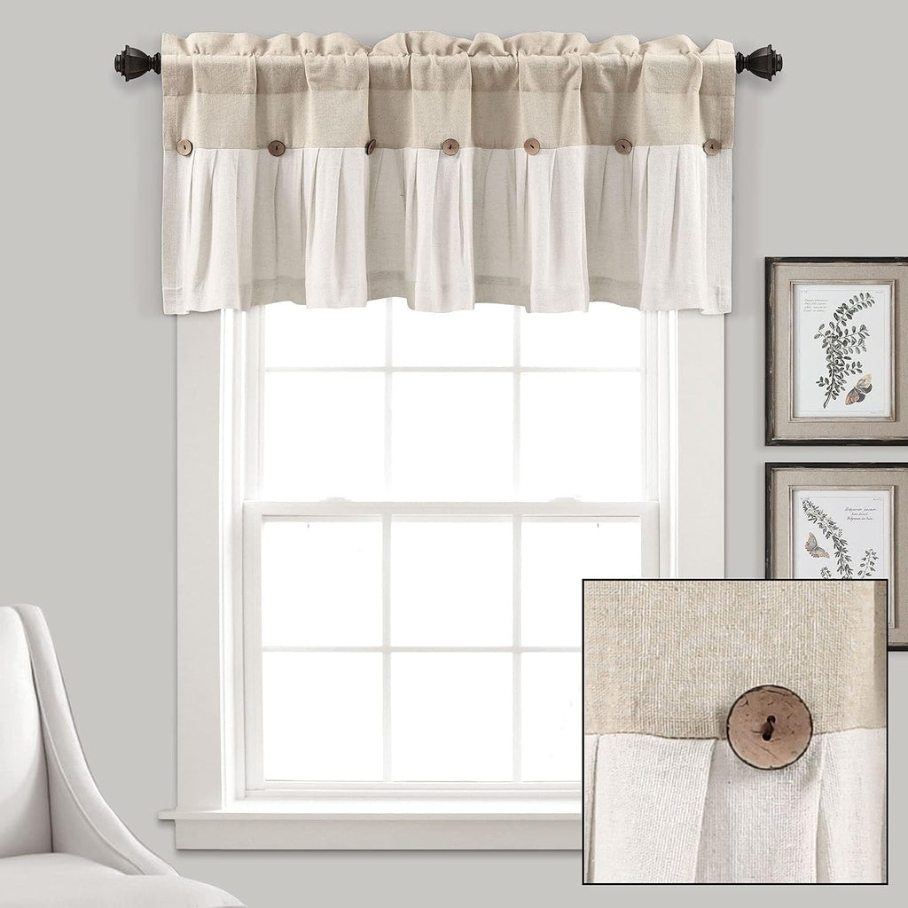 Lush Decor Linen Button Valance | 52'W x 18'L | Farmhouse Style | Coconut Husk Buttons | Pack of 12