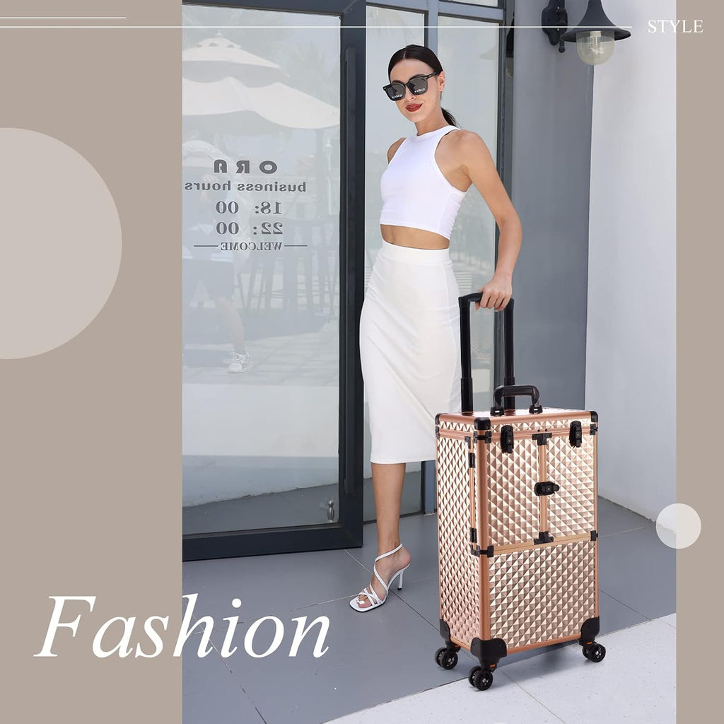 Professional Makeup Artist Rolling Train Case Multi-functional Cosmetic Train Case Large Trolley Storage Case for Nail Technicians Cosmetology Case for Hairstylist Rose Gold