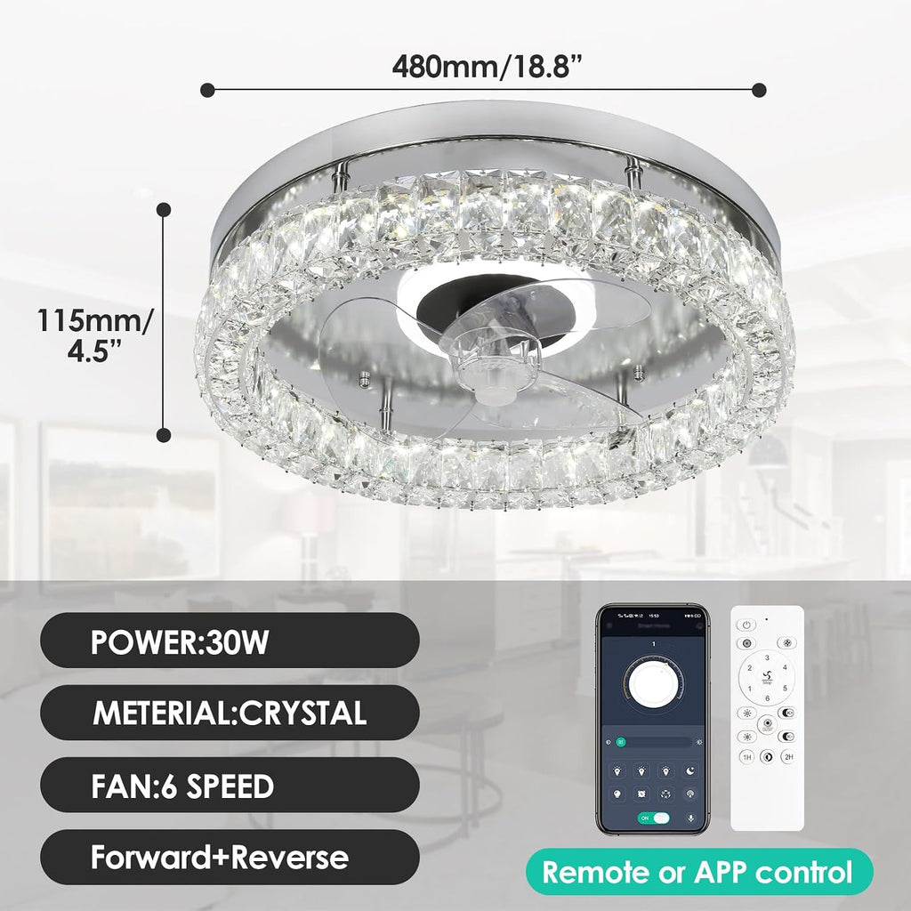 CLAIRDAI Crystal Ceiling Fans with Lights Flush Mount Ceiling Fan with Remotel Control Dimmable Fandelier Modern LED Low Profile Ceiling Fan Light (Chrome)