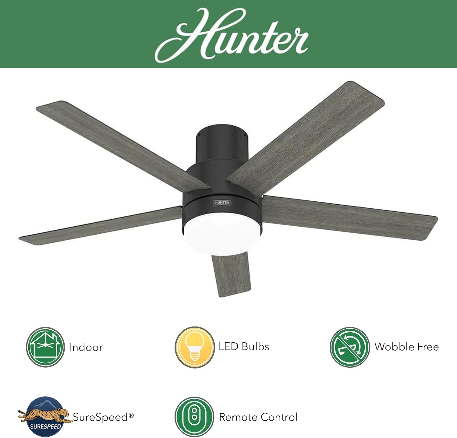 Hunter Fan 52 Inch Low Profile Matte Black Indoor Ceiling Fan With LED Light and Remote Control, Holiday Gifts for Bedroom, Living Room/Family Room, Dining Room, Kitchen, Office (Renewed)