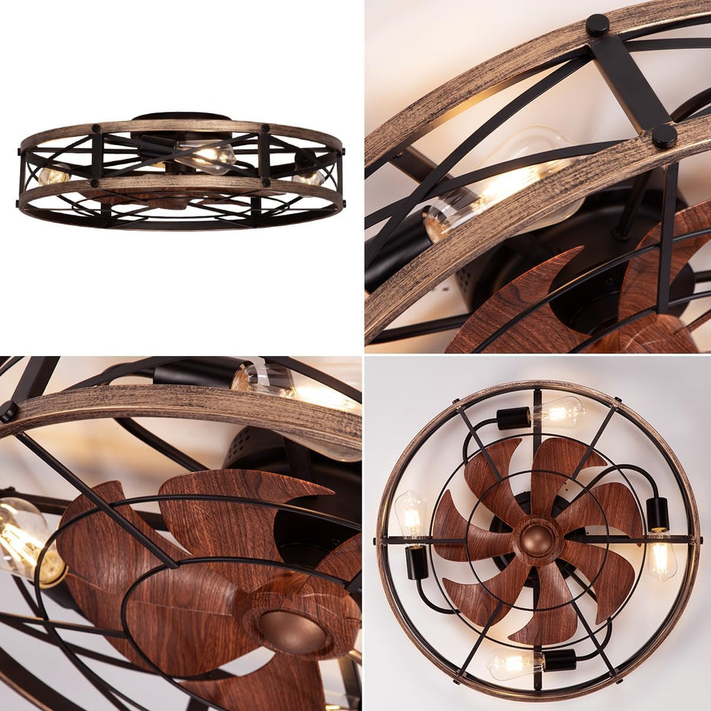 SHLUCE 24' Farmhouse Flush Mount Ceiling Fans with Lights, Caged Low Profile Enclosed Ceiling Fans with Lights and Remote, Rustic Large Bladeless Ceiling Fan with Light for Bedroom, Kitchen - ETL